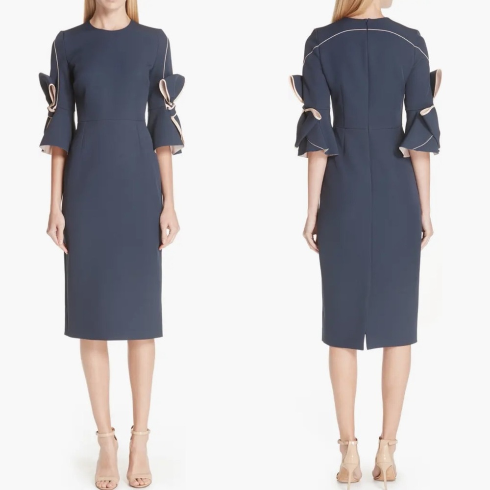 Roksanda Lavette Ribbon Sleeve Dress midi length blue pink semi fitted